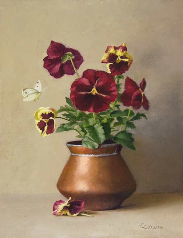 Pansies in Copper Cup by Cecelia Cox