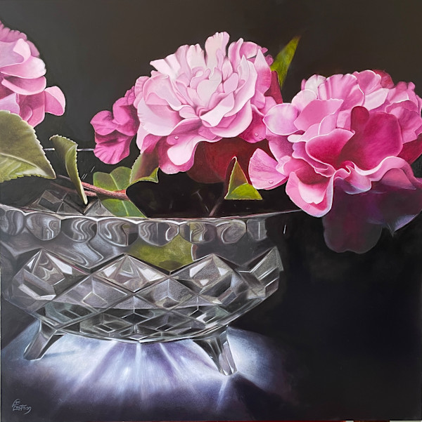 "Sasanquas in Mum's trifle bowl" by Lee Eastman