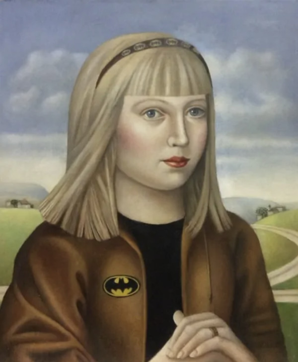 Woman with Batman logo by Amy Hill