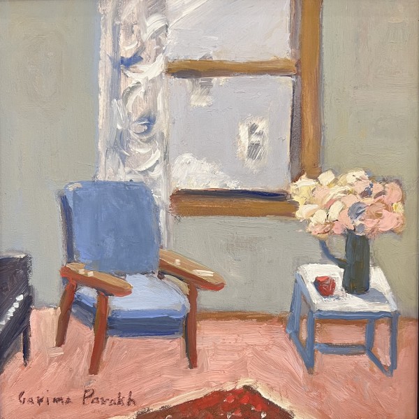 Interior with Hydrangeas and Blue Chair