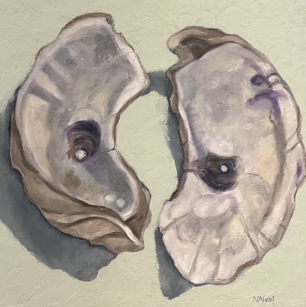 Oyster Shell Pair on Celadon by Artnova Gallery