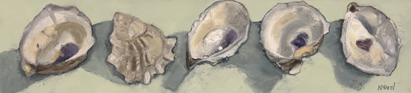 Five Oyster Shells on Celadon by Artnova Gallery