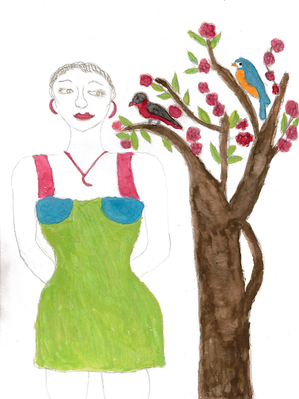 Young Woman with Spring Tree & Robin & Blue Bird by Jerrice J. Baptiste