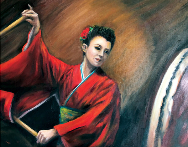 Taiko Drummer in Red Kimono by Lili Miura