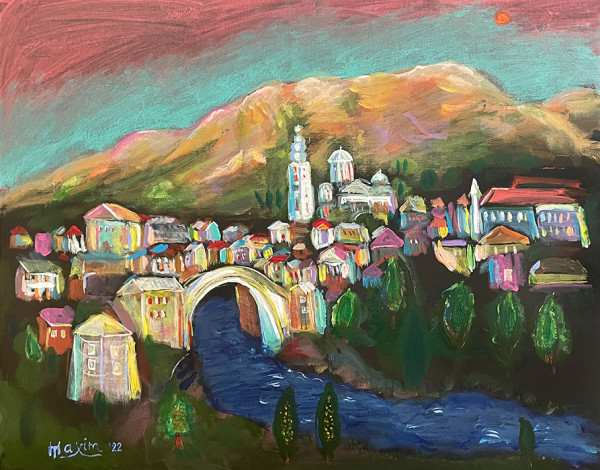 "The Old Mostar Bridge and the Cathedral of Resurrection" by Maxim Vasiljevic