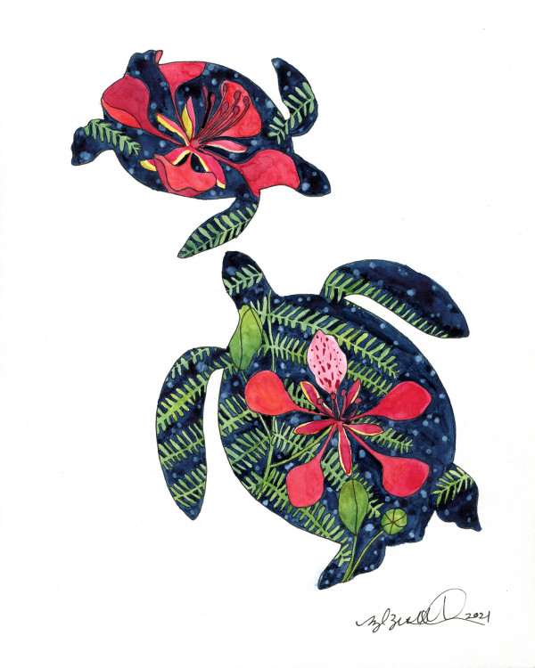Hawaiian Sea Turtle with Royal Poinciana Flowers by Michelle Zeidman