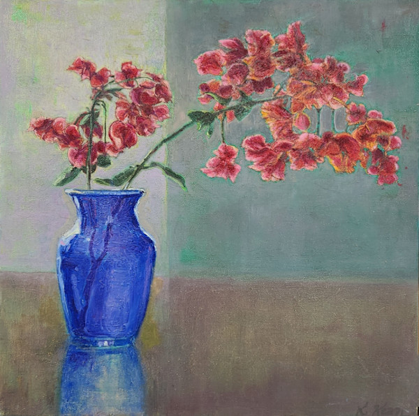 Bougainvillea In Blue Vase by Katherine Kean