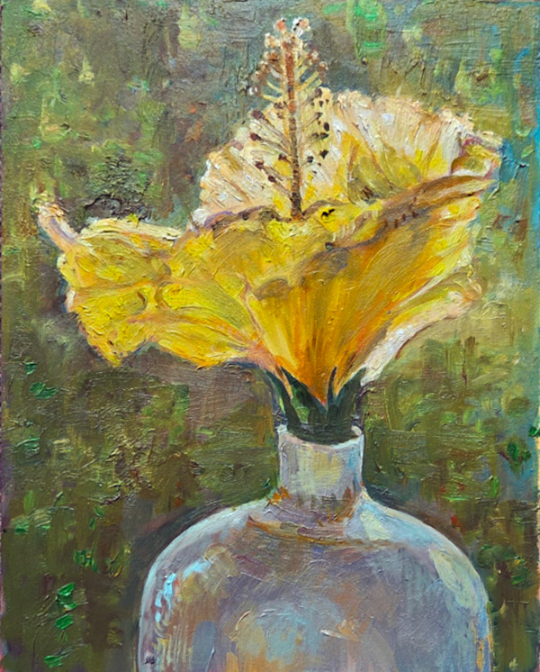 Yellow Hibiscus Flower in Ceramic Vase by Katherine Kean