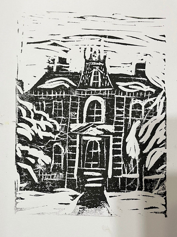 David Davis Mansion Linocut by Eileen Backman