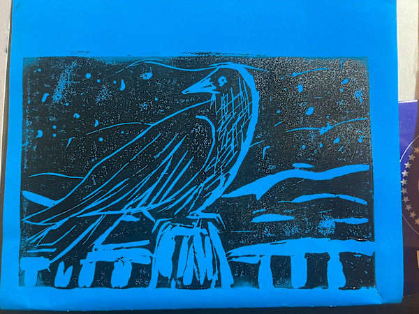 Night Crow Linocut by Eileen Backman