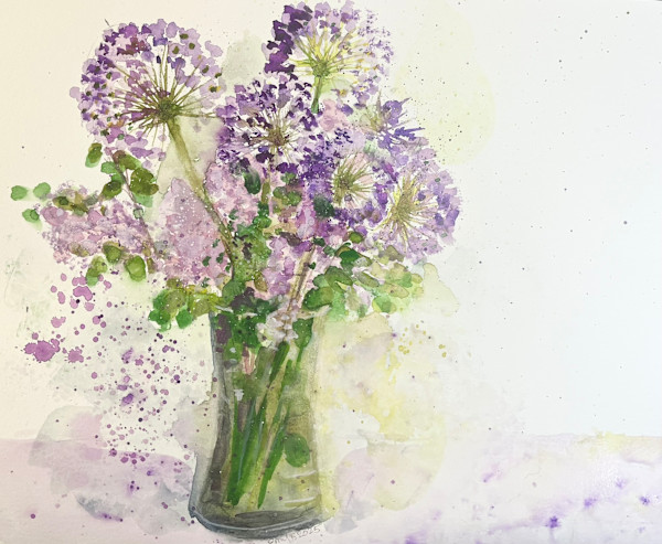 Allium and Lilac (Still Life Watercolor) by Eileen Backman