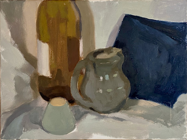 Still Life with Ceramic Vessels, Bottle, and Jean No. 1 by Sean Oswald