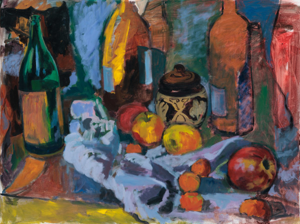 Still Life with bottles and apples and decorative urn by Sean Oswald
