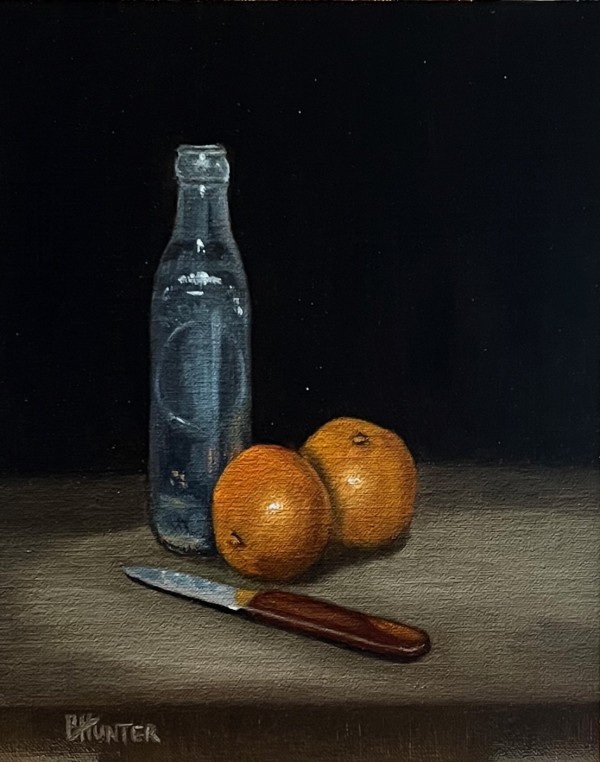 Blue Bottle Oranges and Paring Knife by Barbara Hunter