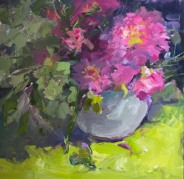 Zinnias and a Lime Green Scarf by Lynn Mehta