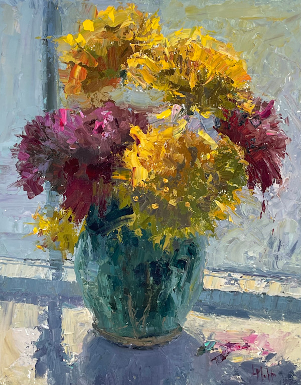 Zinnias in a Ceramic Vase by Lynn Mehta