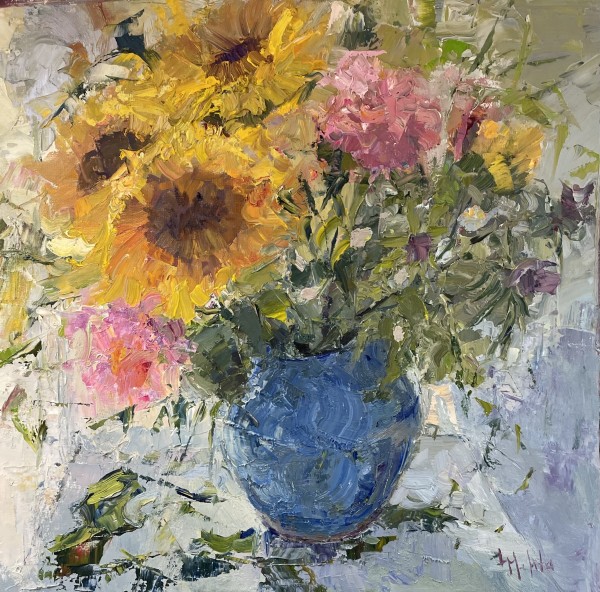 Sunflowers in Blue Vase by Lynn Mehta