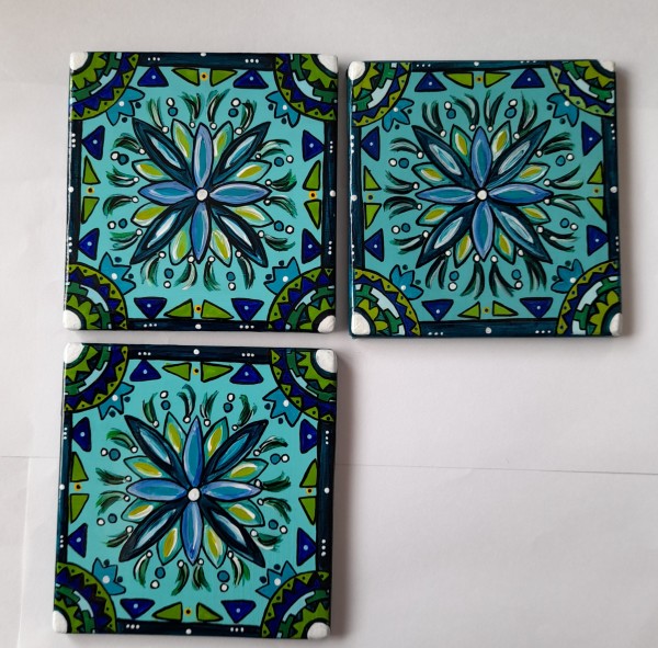 3 Blue Flower Tiles by Donna Gonzalez