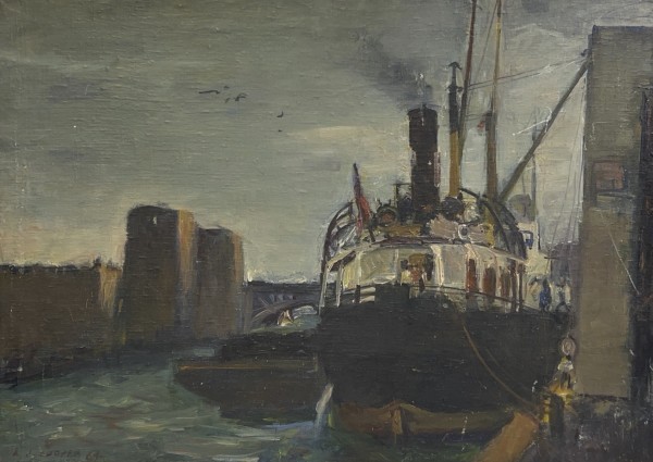 Untitled - Freighter in Harbor by Anthony Cooper