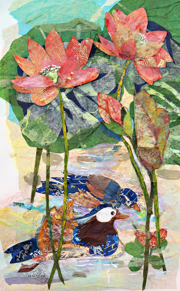 Two Mandarin Ducks on a Lotus Pond by Caroline Hardy
