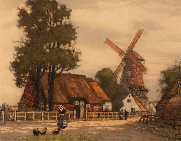 Untitled (Dutch landscape with woman and chickens in foreground and windmill in background) by Leo Francois
