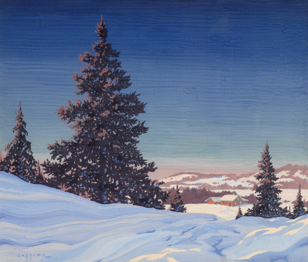 Trees, Snow Bank, with Buildings in Distance by George Cassidy