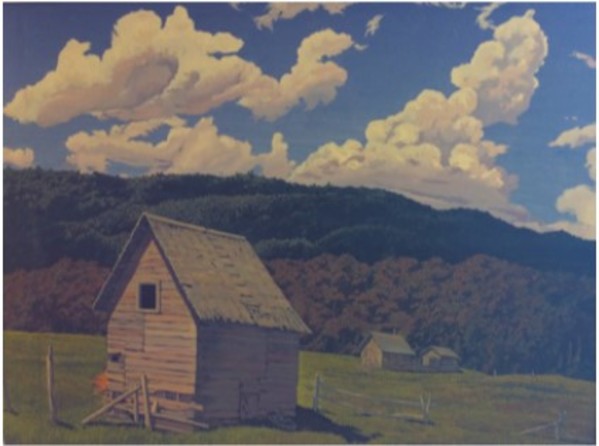 Untitled (Summer Landscape, 3 Wooden Shacks in Field) by George Cassidy