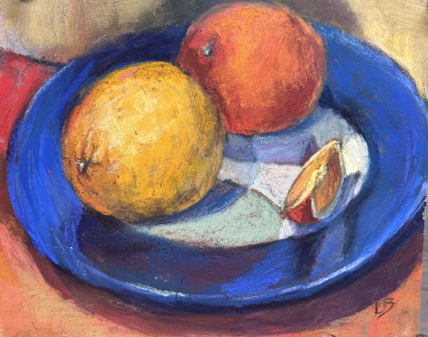 Oranges on a Blue Plate by Laurie Basham