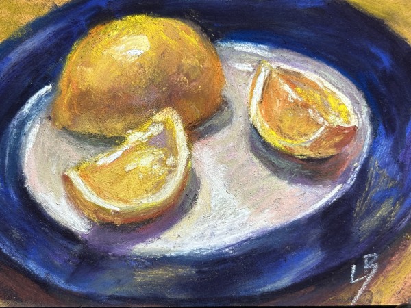Lemons on a Blue Plate by Laurie Basham