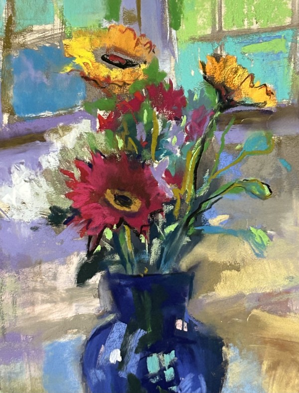 Bold Flowers in a Blue Vase by Laurie Basham