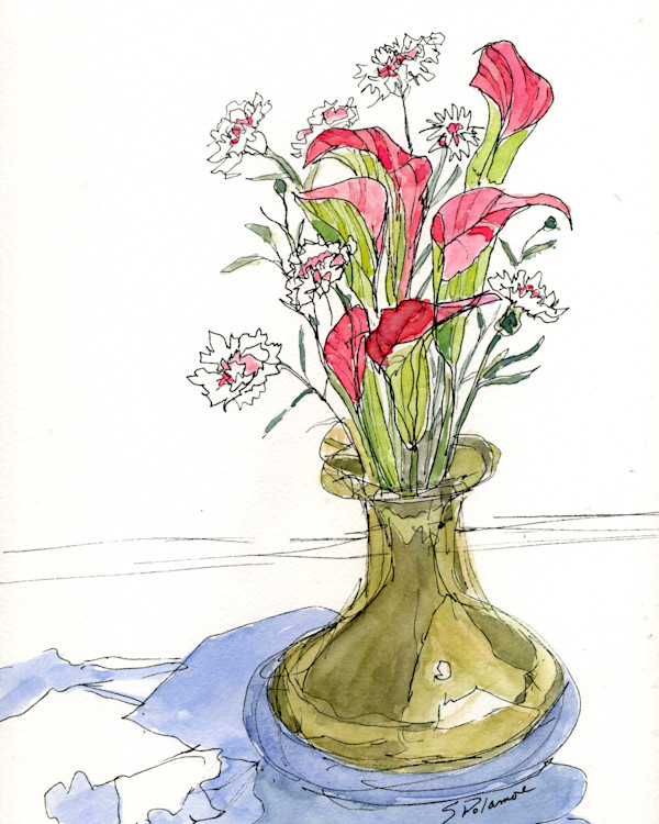 Calla Lilies and Batchelor Buttons by Sue Dolamore