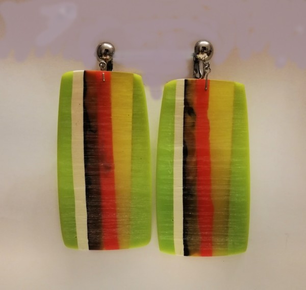 Green, white, black,red striped 'slice' earrings