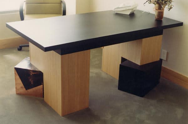 Bleached Rift Oak Desk with Cubes of Patinated Copper and Black Laminate by Eve Mero