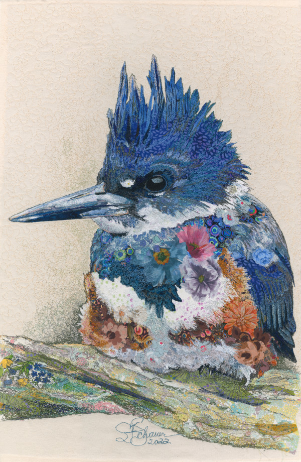 Just Chillin:  Belted Kingfisher (Megaceryle alcyon) by Susan Fay Schauer Fiber Artist
