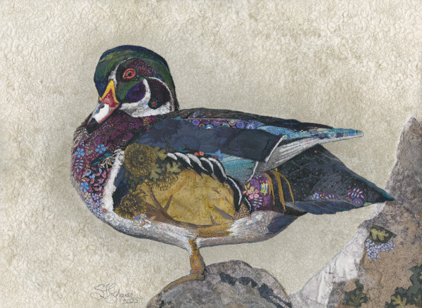 "Edge of the Sea" or "Perching Carolina"    Wood Duck (Aix sponsa) by Susan Fay Schauer Fiber Artist