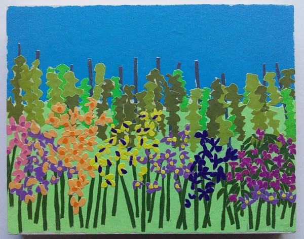 Iris and rhododendron edging veggie plot, Koblenz to Boppard, The Rhine, Germany by Jan Spencer