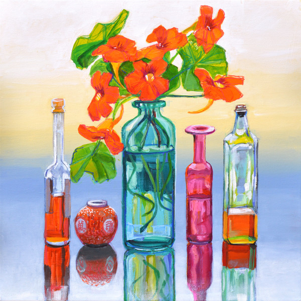 Nasturtiums and Bottles by Christine Webb