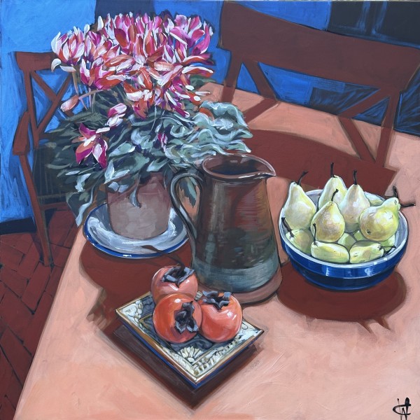 Still Life with Persimmons and Umbian Jug by Christine Webb
