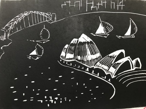 Linocut, Sydney Harbour