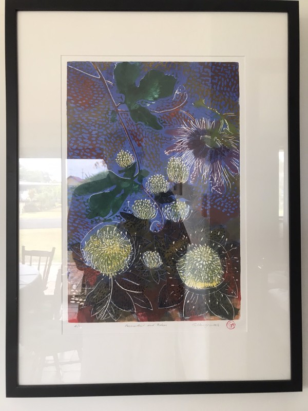 passionfruit and Proteas (4/10  Black Frame) by Geoff Hargraves