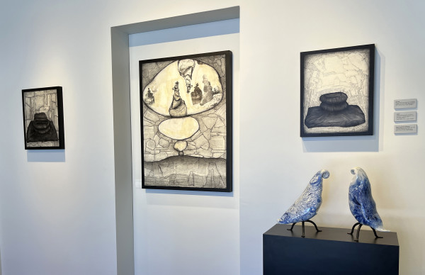 Installation view: cushions with birds by Christy Hengst