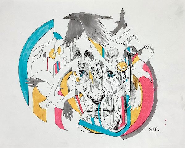Colourful ink drawing by Glen Ronald