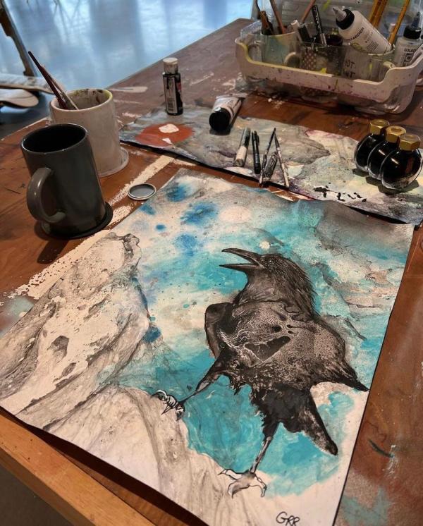 Raven Painting on Paper by Glen Ronald