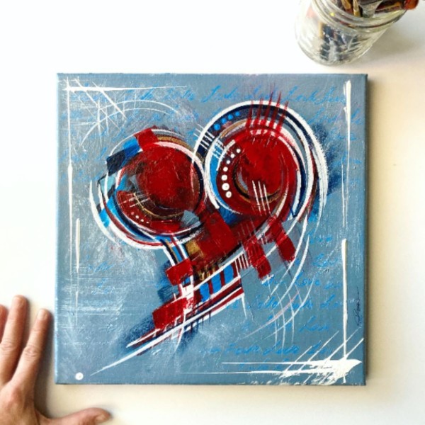 Heart Art - (Blue Background, Red Heart) by Teresa Korber