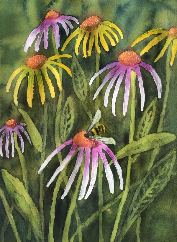 Whimsical Coneflowers With Bee by Katy Heyning