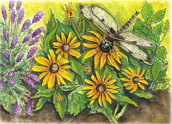 Dragonfly Garden (Whimsical Scientific Painting) by Christopher Roberts