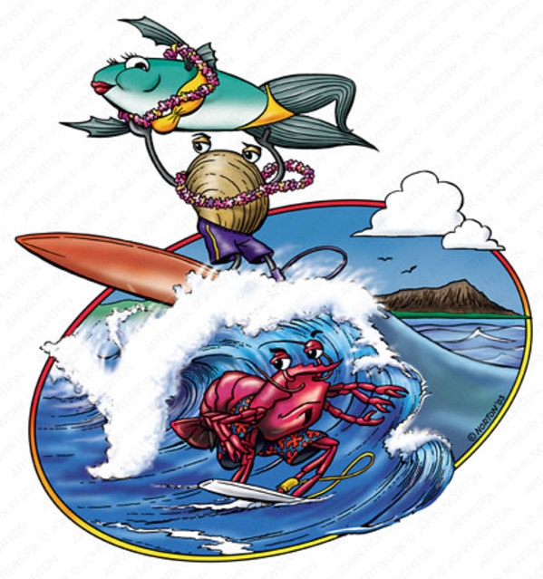 Surfin' Seafood Cartoon by John Norton