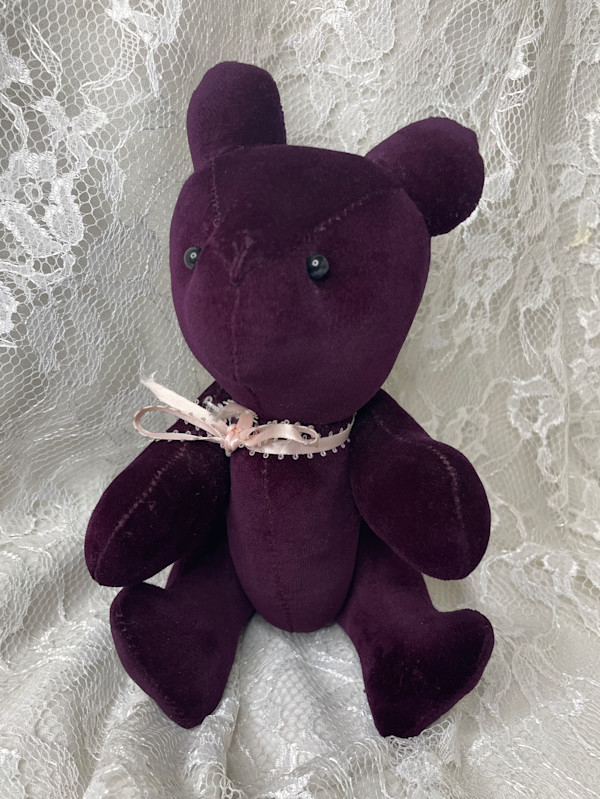 Velveteen Sachet Bear, Medium, Royal Red, Pink Bow, Jointed by Susan Detroy