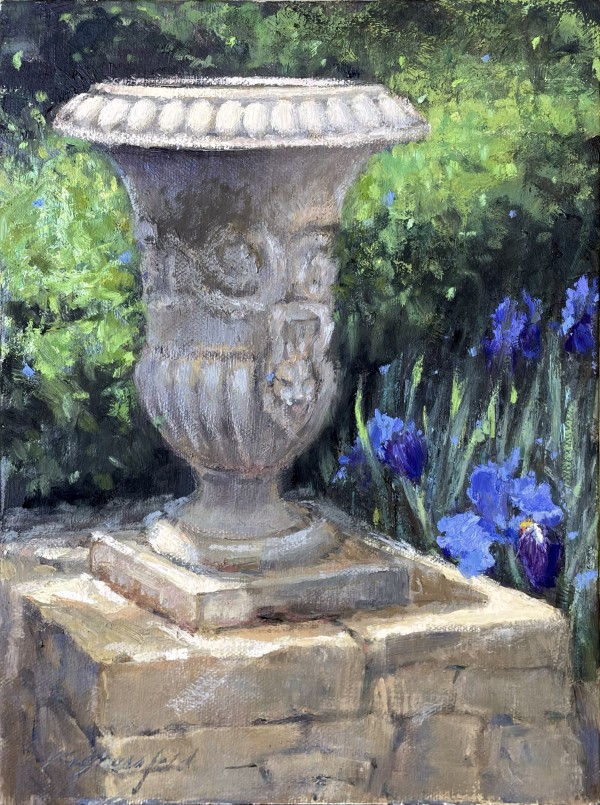 Stone Urn and Blue Iris by Katherine Grossfeld
