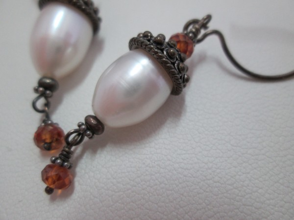 'Faberge Egg Earrings' - CFW Pearl with Mandarin Garnet Bead and SS Cap by Hollis Bauer